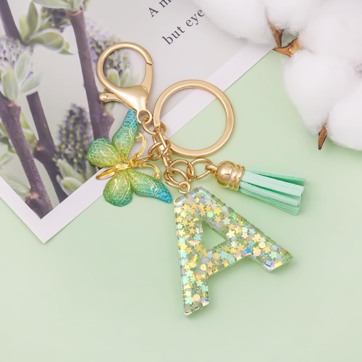 Green Alphabet Initial Keychain Butterfly Pendant